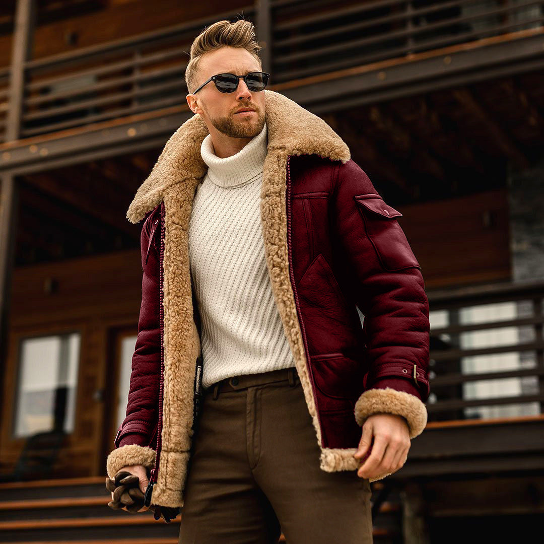 Men's Leather and Fur Integrated Jacket Red