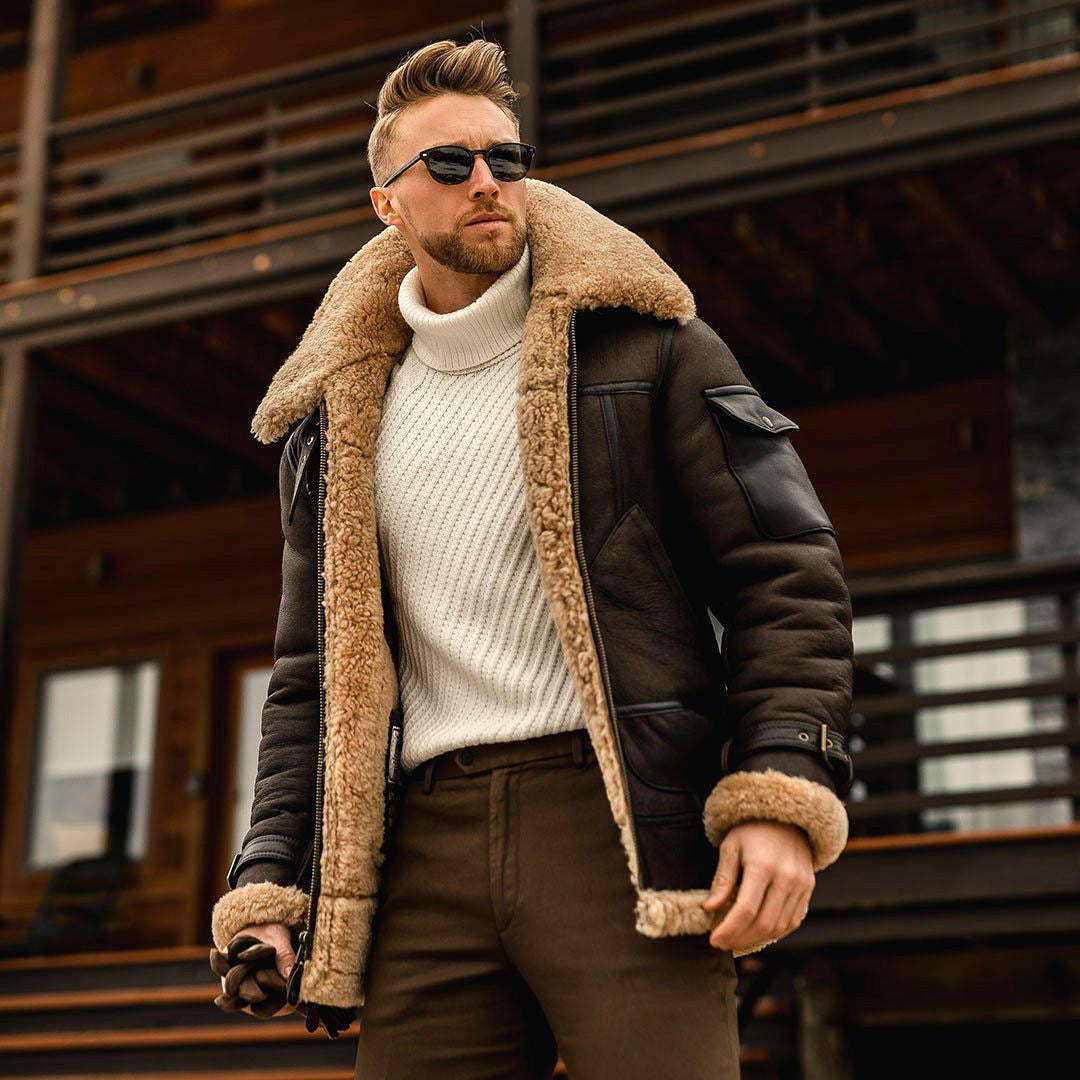 Men's Leather and Fur Integrated Jacket brown