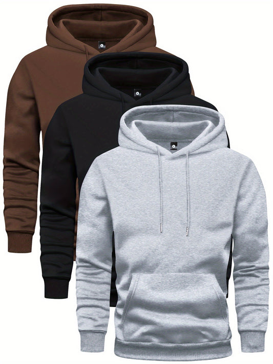 3-pack Set Of Solid Color Men's Hooded Long Sleeve Sweatshirts With Kangaroo Pocket, Chic And Trendy Tops For Men, Versatile For Autumn And Winter Outdoors And Sports Wear