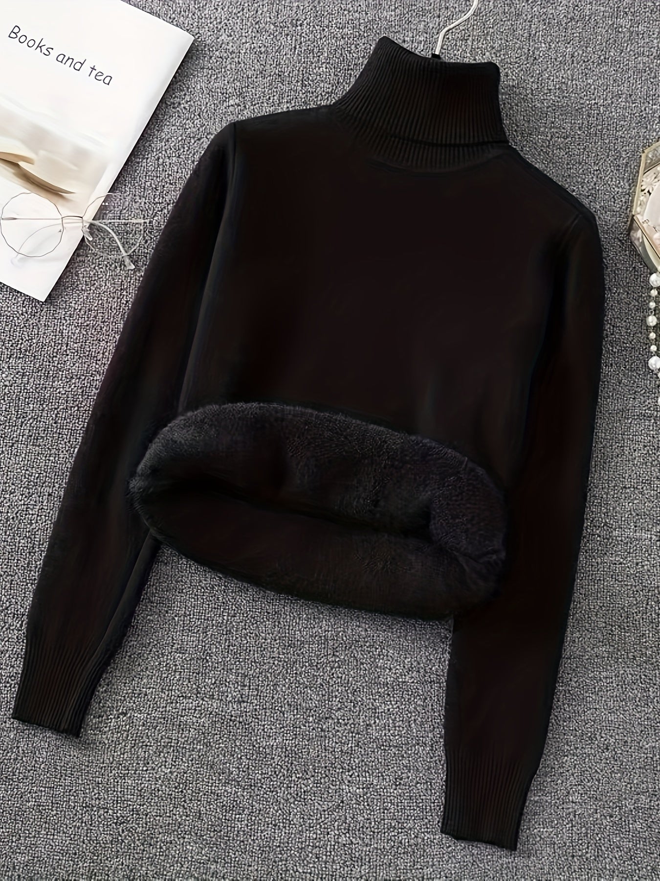 Ribbed Solid Color Long Sleeve Sweater, Casual Turtle Neck Sweater For Winter & Fall, Women's Clothing
