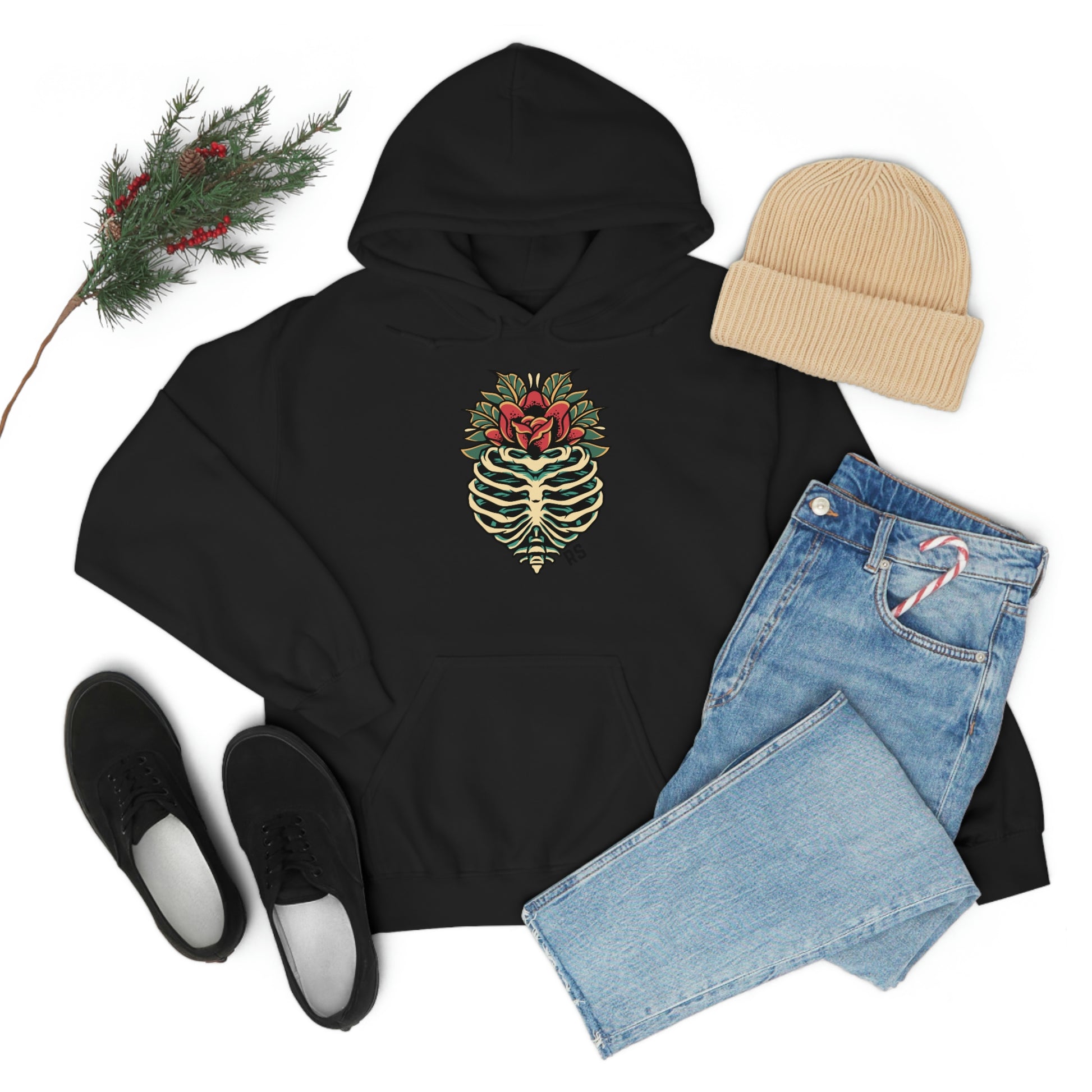 Black skull and roses cotton hoodie for men and women