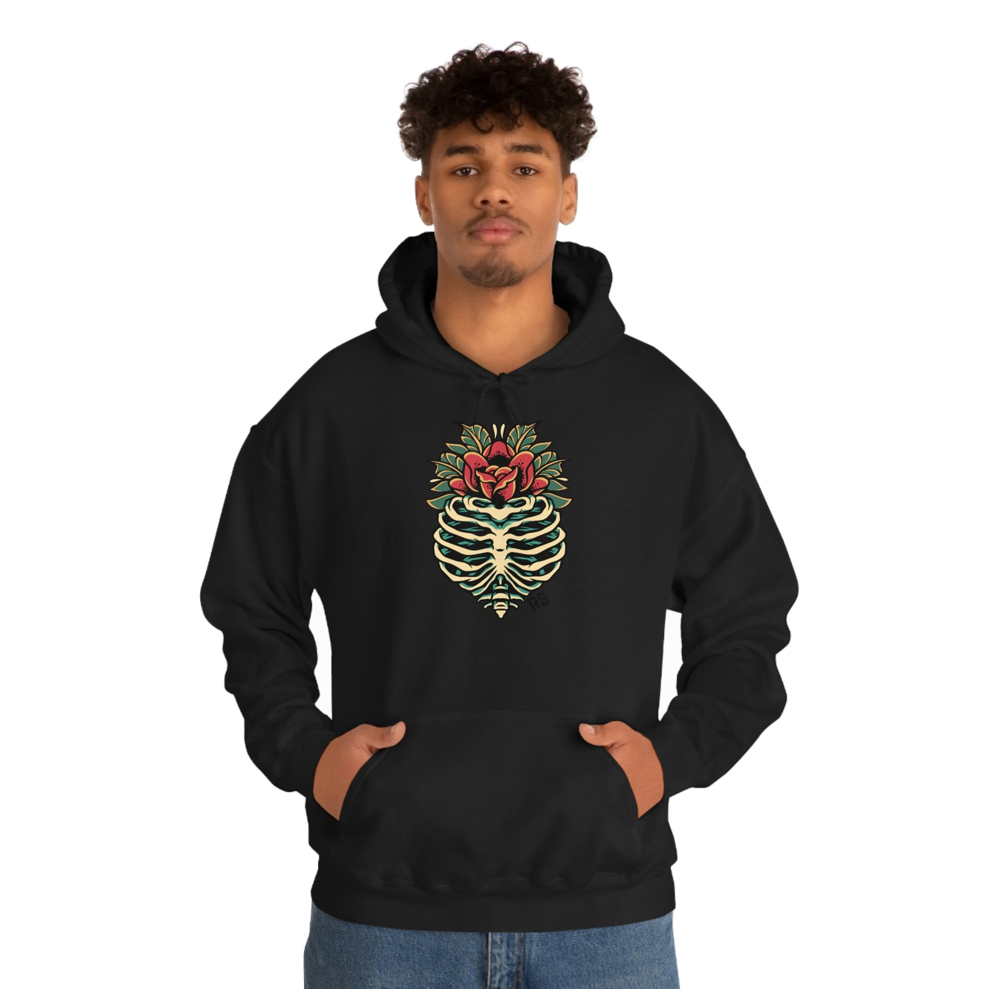 Black skull and roses cotton hoodie for men and women