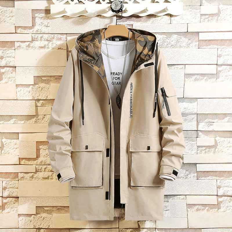 Beige Long hooded windbreaker for men