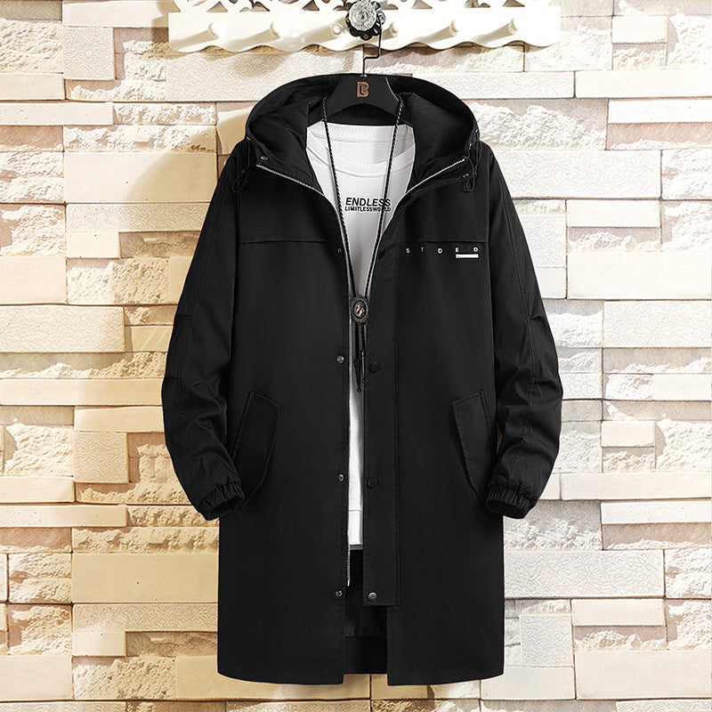 black Long hooded windbreaker for men