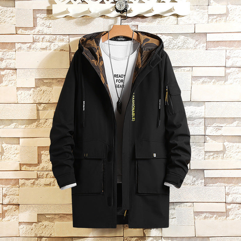 black Long hooded windbreaker for men