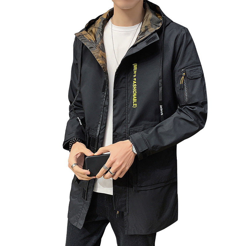black Long hooded windbreaker for men