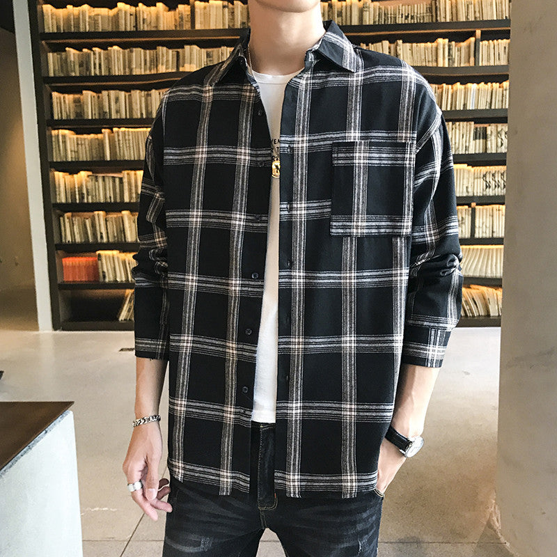 black Men's long-sleeved plaid shirt