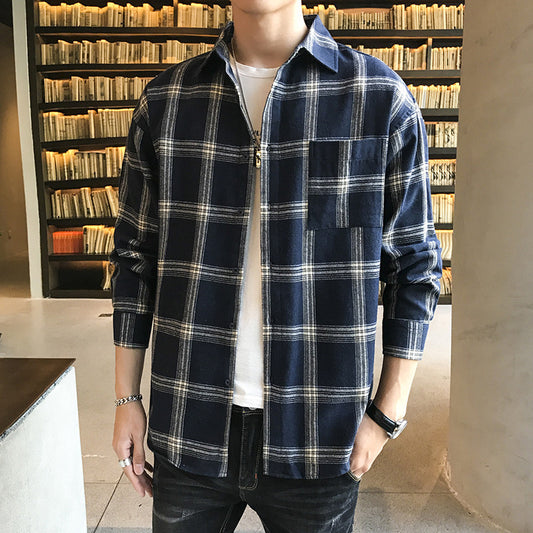 blue Men's long-sleeved plaid shirt