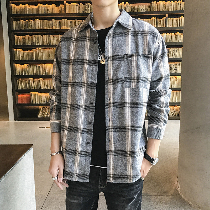 grey Men's long-sleeved plaid shirt