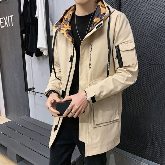 Beige Long hooded windbreaker for men