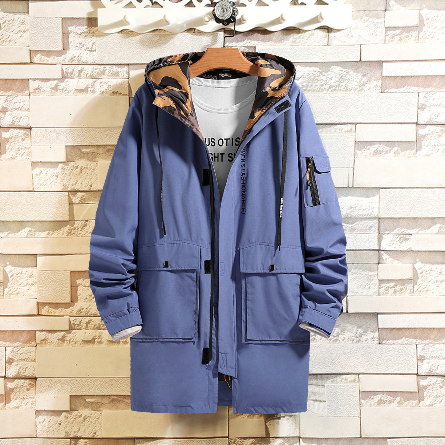 blue Long hooded windbreaker for men