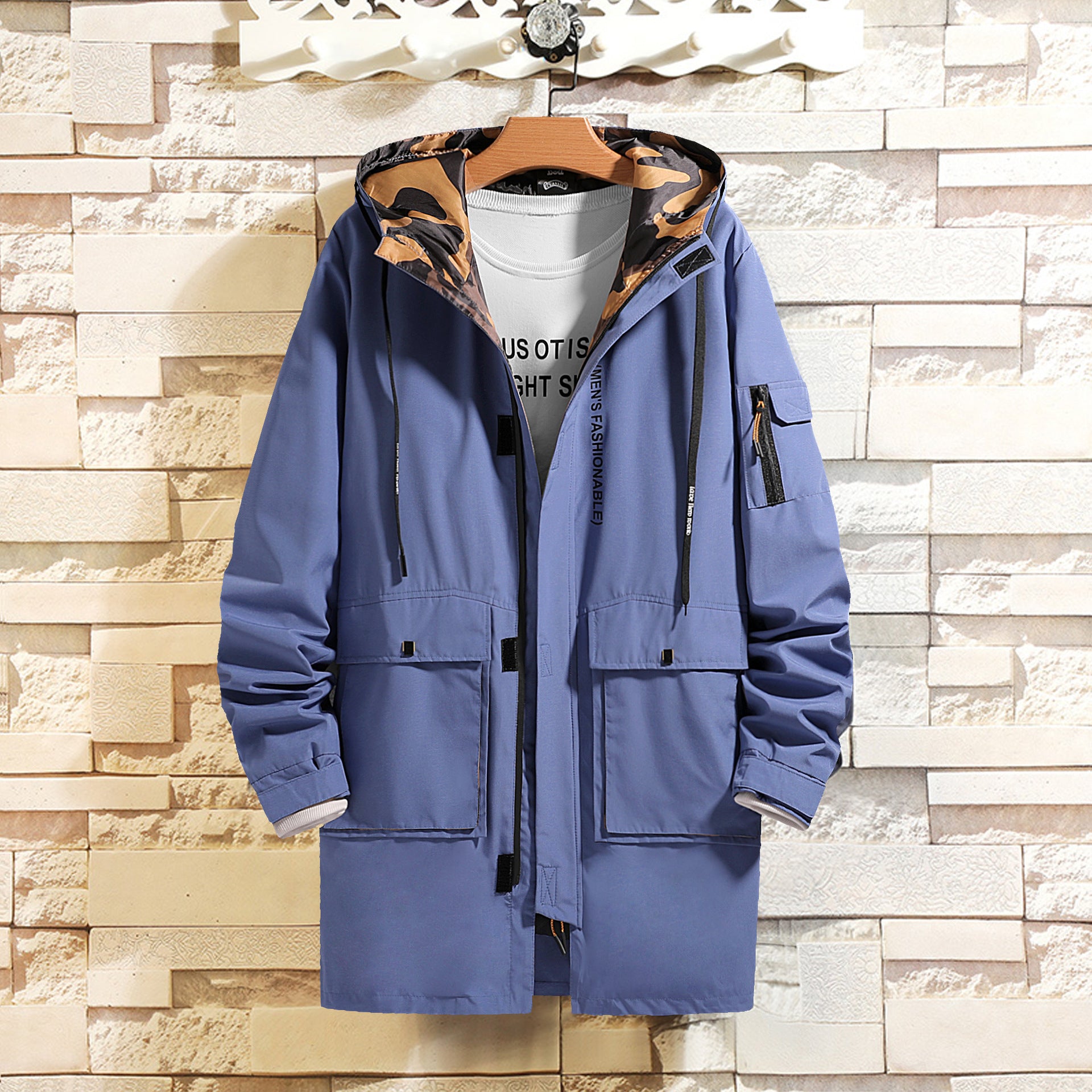 blue Long hooded windbreaker for men