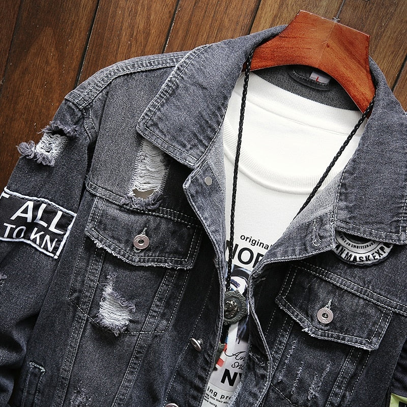 Black Denim ripped Jacket for men